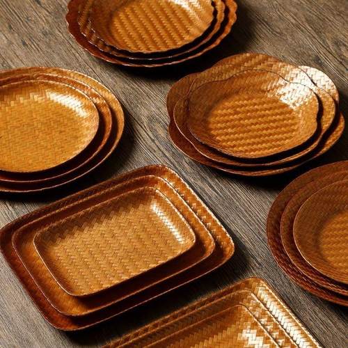 手工竹编席面果盘篮子竹制编织摆盘筐茶室收纳盘装饰竹编篮长方形