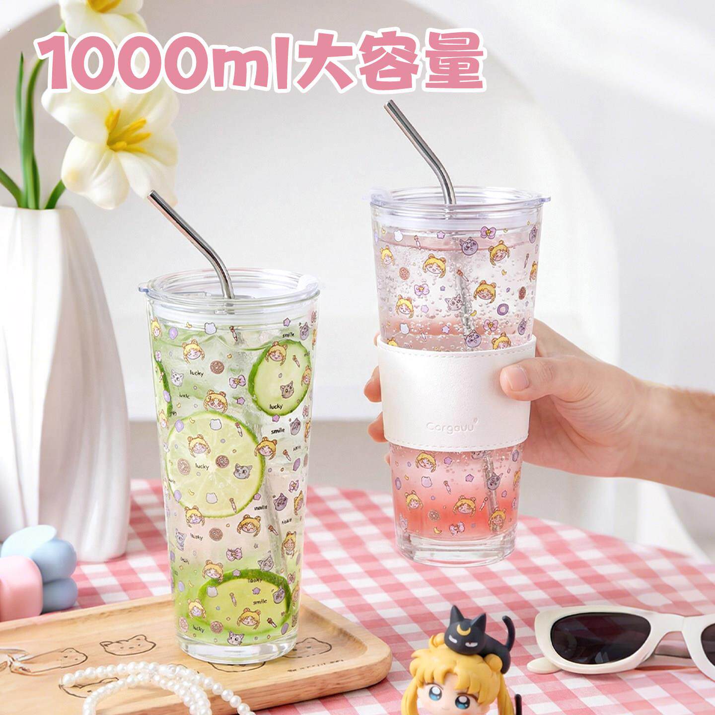 大容量玻璃杯家用水杯带盖咖啡吸管杯耐高温带把手透明办公室杯子