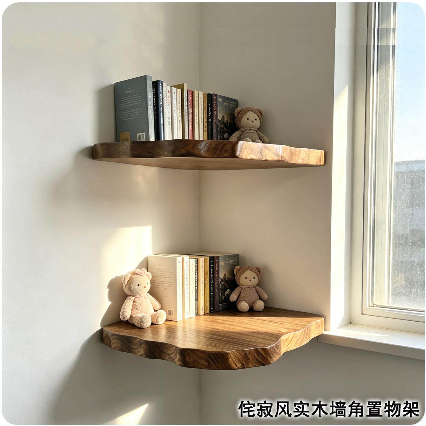 复古风实木墙角置物架波浪边缘转角三角形增高书架扇形隔板原木风