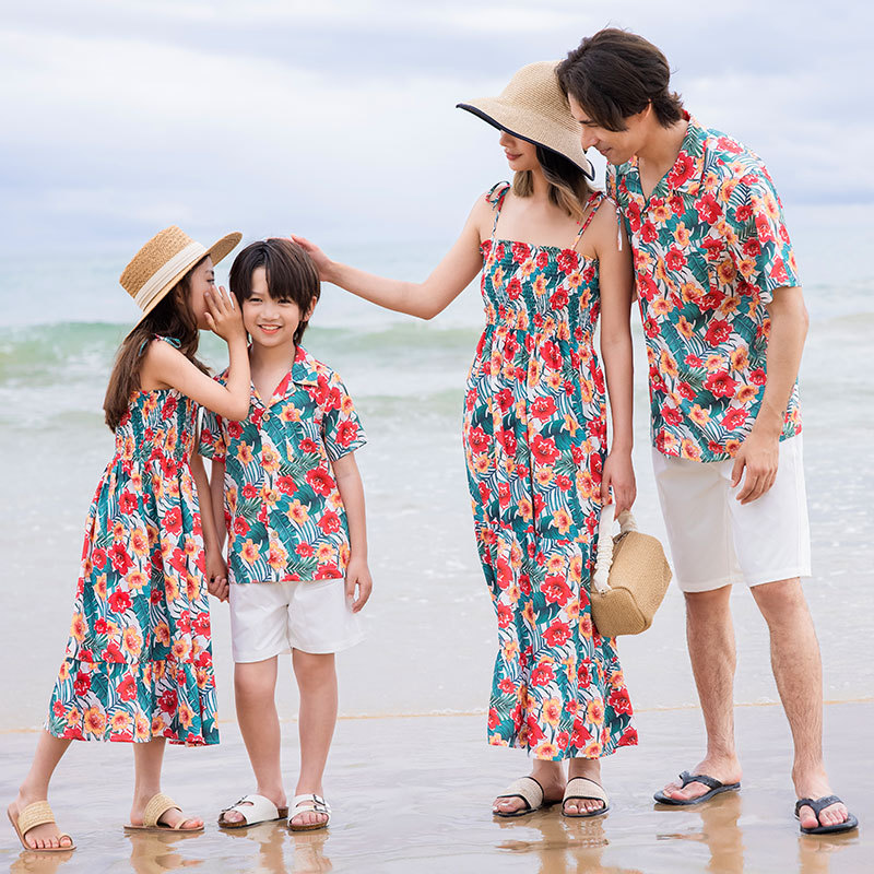 沙滩亲子装海边度假一家三口夏威夷母女装吊带连衣裙短袖衬衫套装