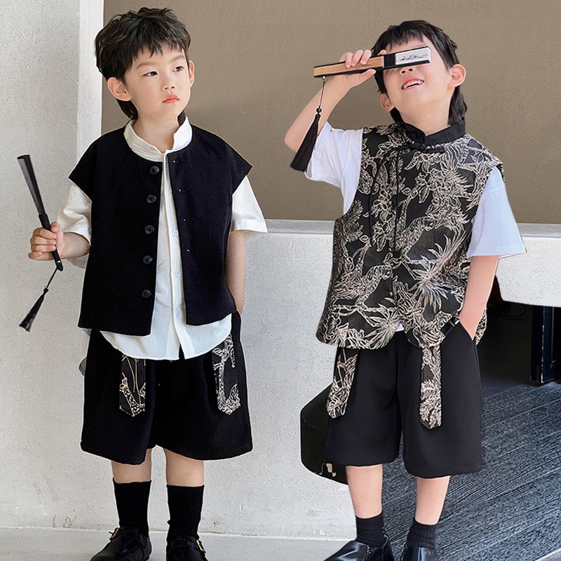 夏装礼服男童新中式套装儿童唐装国风马甲帅气男孩潮服走秀演出服