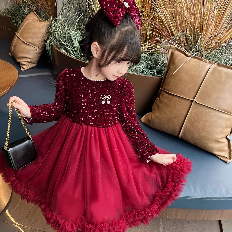 女童红色洋装冬装2023新款丝绒礼服裙子洋派小女孩蝴蝶结公主裙