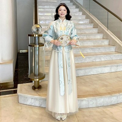 中式大码伴娘服2024新款复古中国风长袖秀禾显瘦姐妹服伴娘团礼服