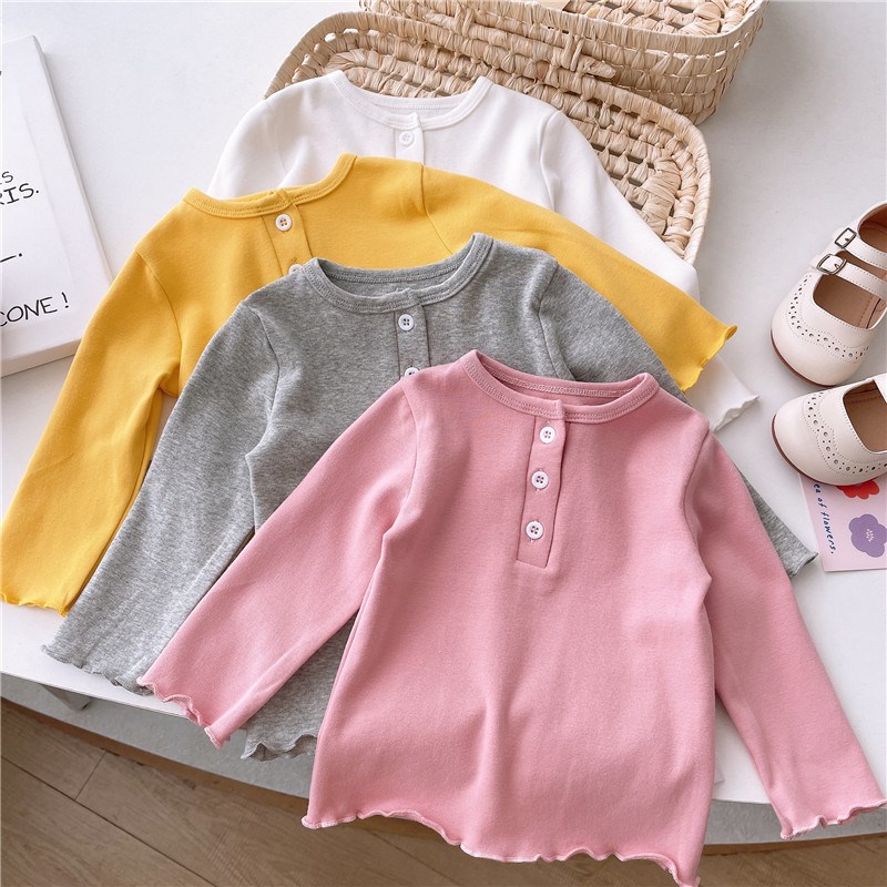 春秋婴儿长袖t恤纯棉一岁宝宝圆领打底衫女童木耳边上衣内搭衣服