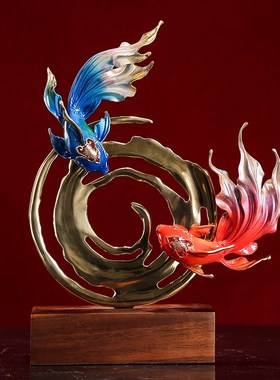 轻奢纯铜招财鲤鱼戏水金鱼摆件客厅样板房酒店玄关装饰品乔迁送礼