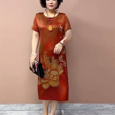 夏季新款短袖花色真丝旗袍连衣裙中老年妈妈装宽松大码过膝长裙子