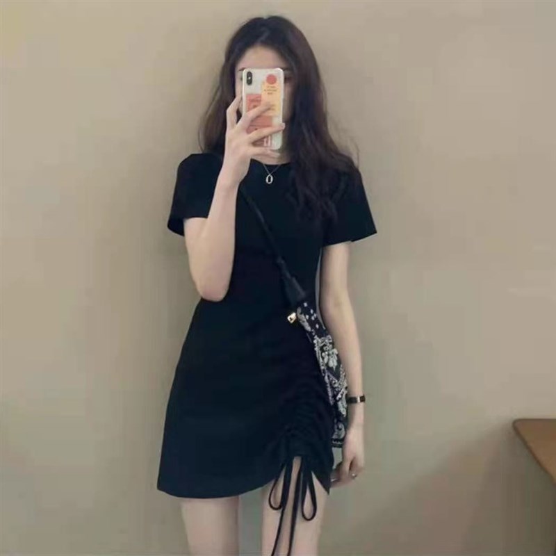 黑色紧身抽绳连衣裙修身气质包臀短裙小个子休闲裙子夏2022年夏季