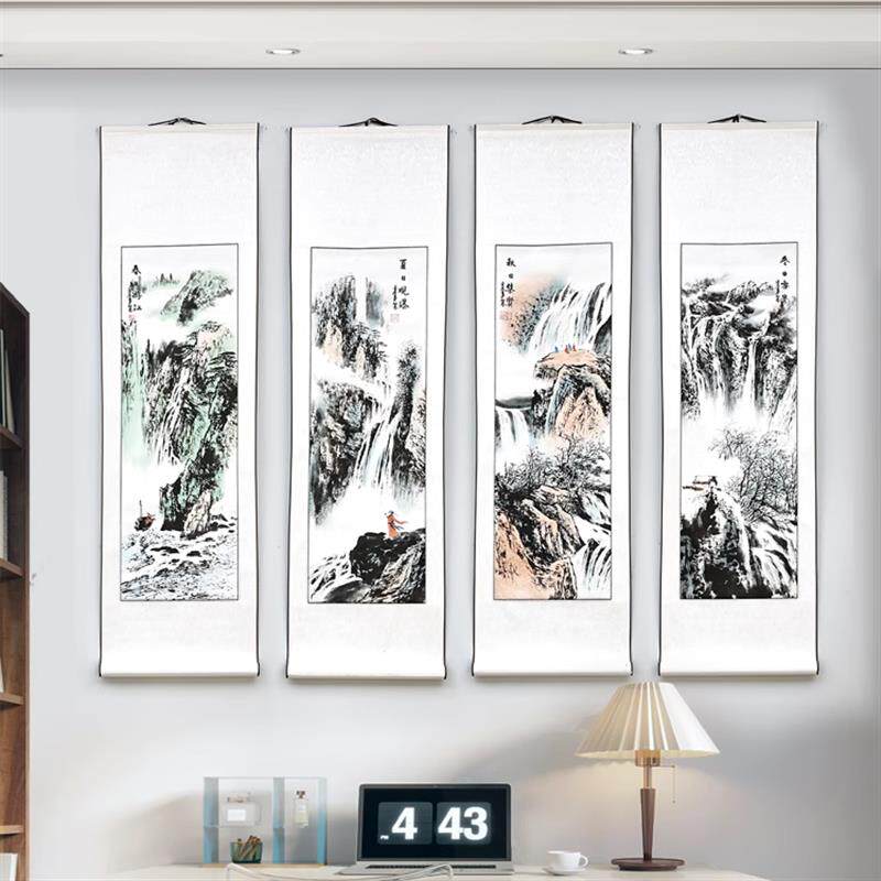 国画江南水乡办公室卷轴画丝绸画挂画客厅壁画水墨画山水画四条屏