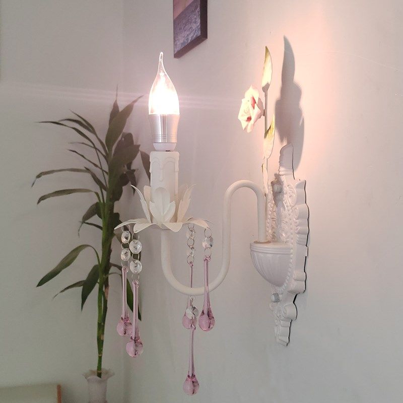 美式田园水晶壁灯温馨花草装饰客厅灯卧室灯铁艺玫瑰儿童床头壁灯