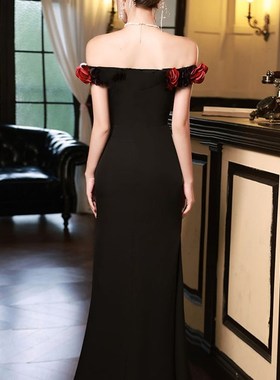 黑色年会晚礼服2024新款一字肩高端气质名媛主持人鱼尾裙高级感女