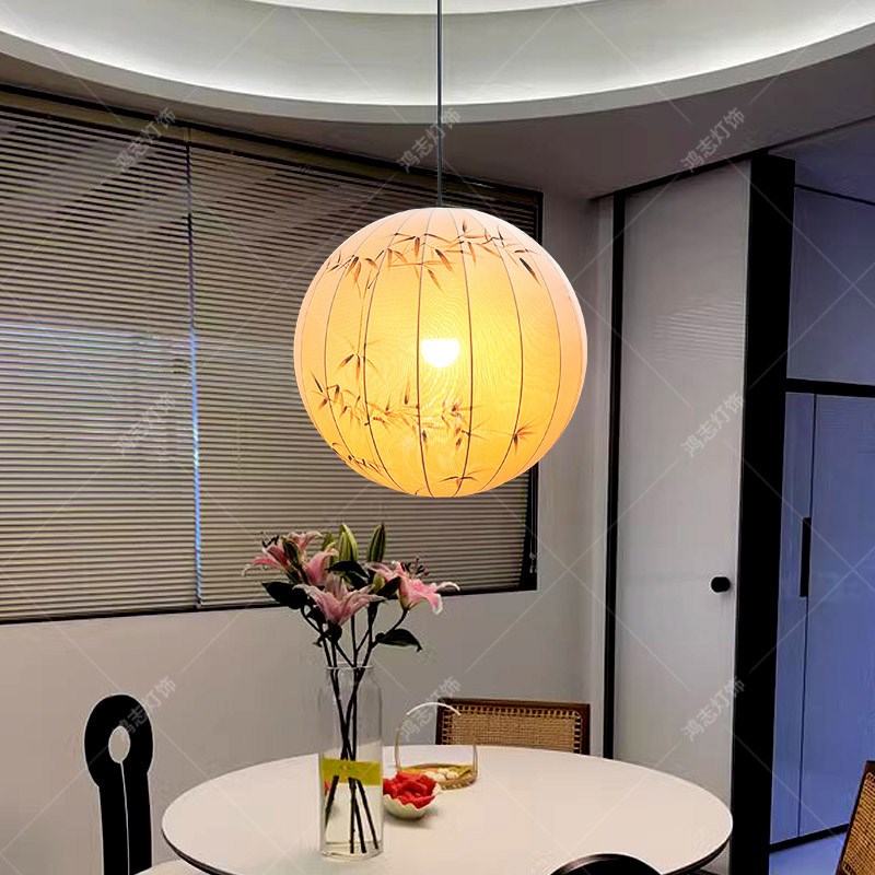 阳台圆形吊灯中国风手绘餐厅卧室书房客厅灯日式民宿饭店布艺灯笼