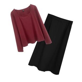 大码mm胖潮上衣套装秋季女装胖妹妹复古方领针织衫显瘦A字半身裙