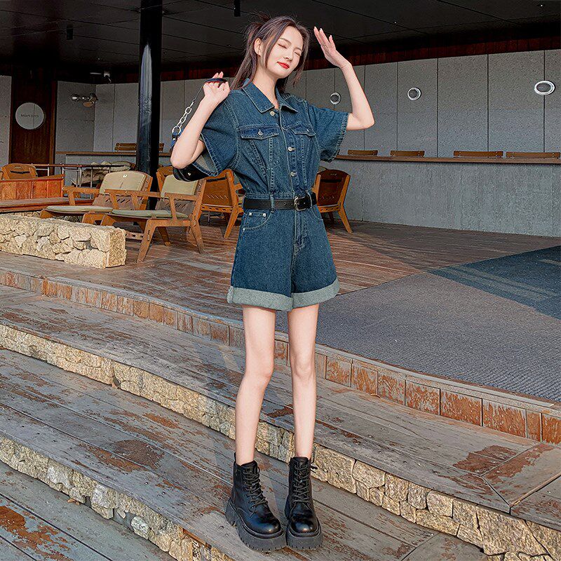 复古牛仔连体短裤女套装秋季2024新款工装短袖小个子收腰阔腿裤子