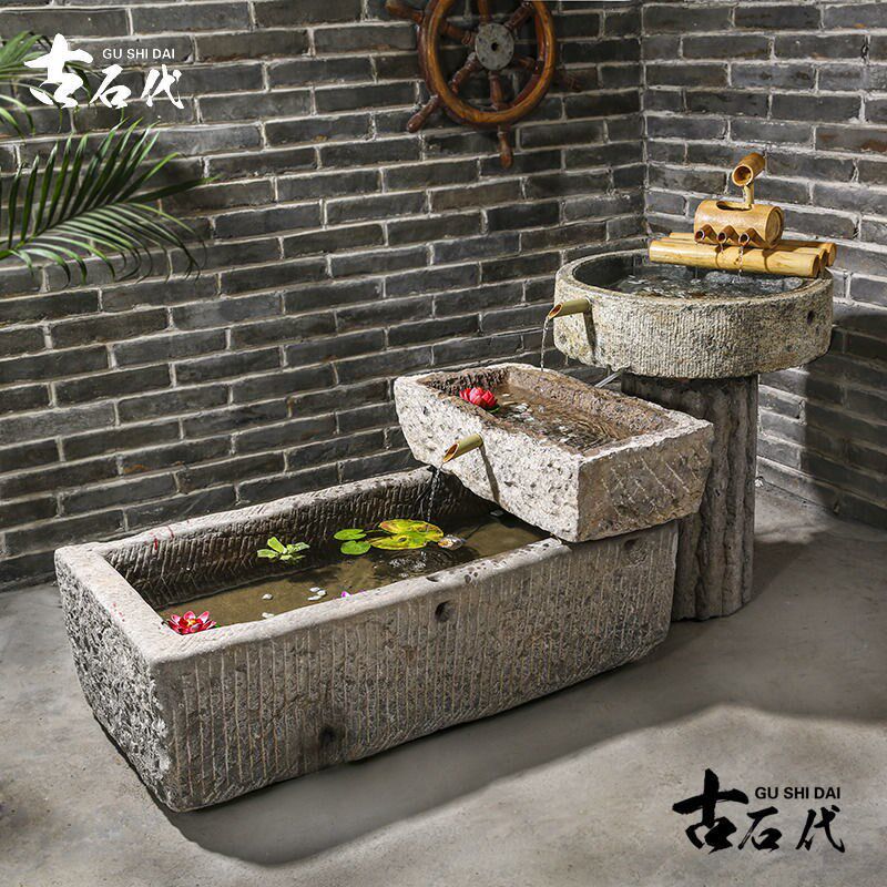 老石槽鱼缸鱼池石头花盆阳台水景旧水槽庭院户外青石马槽流水摆件