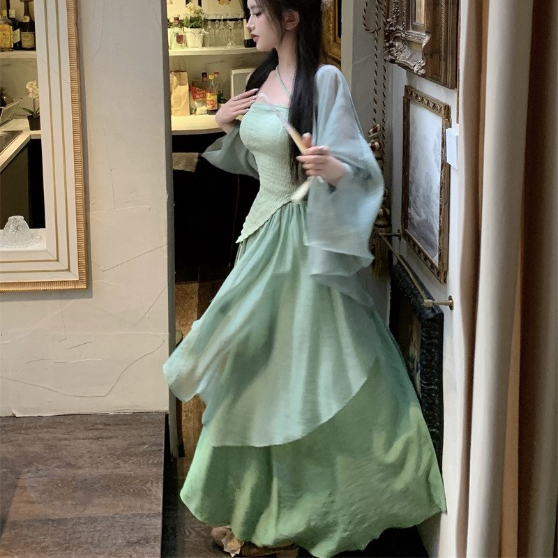 大码胖mm禅意新中式国风绿色吊带背心开衫半身裙女改良汉元素套装