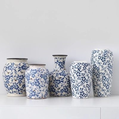 复古风芍药花瓶高级感陶瓷餐桌插花中式青花瓷摆件客厅家居装饰品