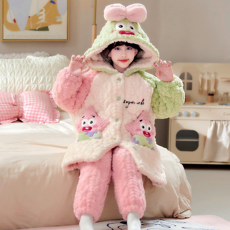 女童三层夹棉睡袍儿童睡衣冬款加厚2024新款秋冬季珊瑚绒女孩加绒