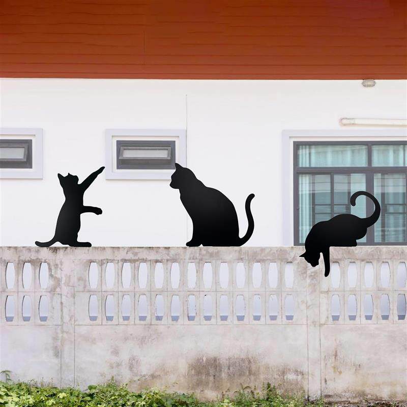 3件套黑猫围栏装饰铁艺猫剪影乡村木栅栏装饰户外树桩和庭院摆件