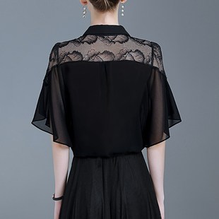 荷叶边雪纺衫女夏季新款宽松遮肚子上衣法式洋气黑色薄款蕾丝衬衫