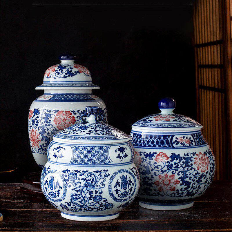 景德镇陶瓷器摆件青花瓷储物罐带盖中药罐菜米油盐罐五谷杂粮罐子
