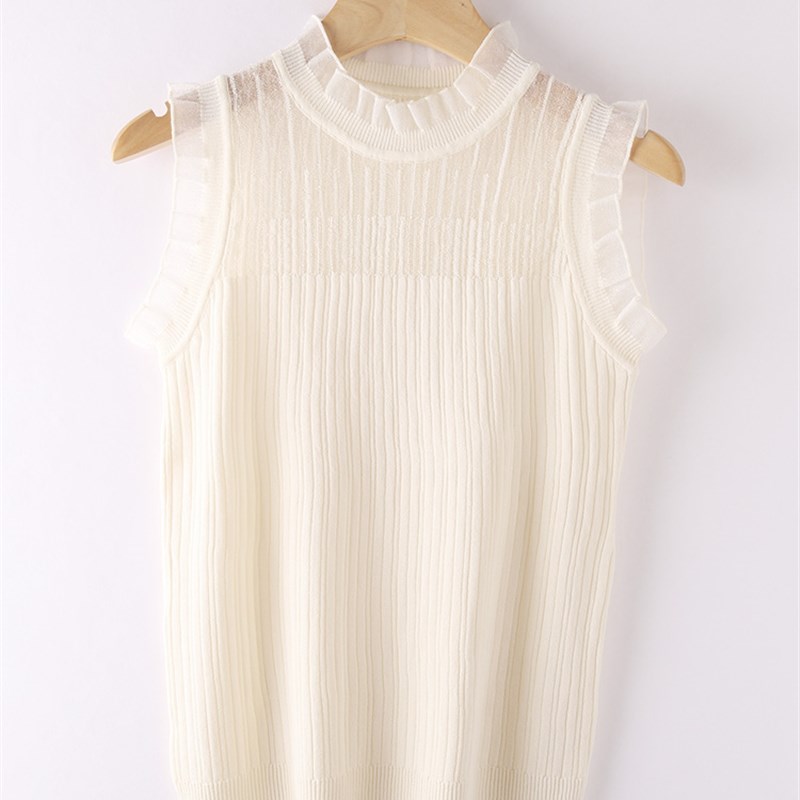 加肥加大码针织吊带背心女内搭新款木耳边无袖上衣镂空蕾丝打底衫