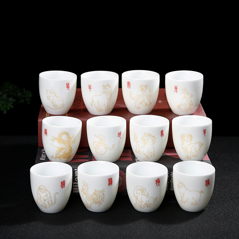 德化白瓷茶杯十二生肖主人杯大号品茗杯陶瓷茶杯羊脂玉瓷功夫茶杯