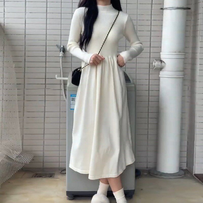 秋冬白色过膝长裙针织连衣裙子女新款大衣内搭打底中长款毛衣裙