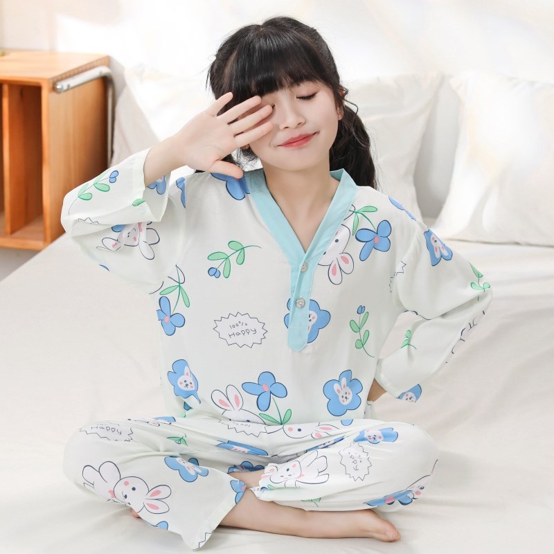 2024新款儿童棉绸睡衣夏季男孩宝宝空调服女童男童卡通长袖家居服