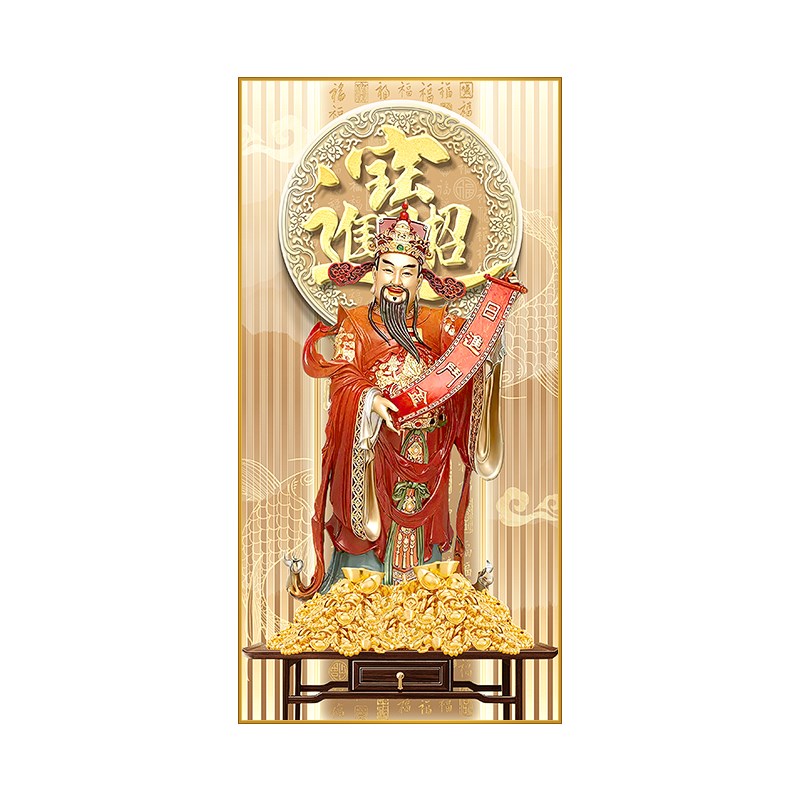 新中式文财神爷画像玄关装饰画招财进宝走廊过道挂画迎客松壁画灯