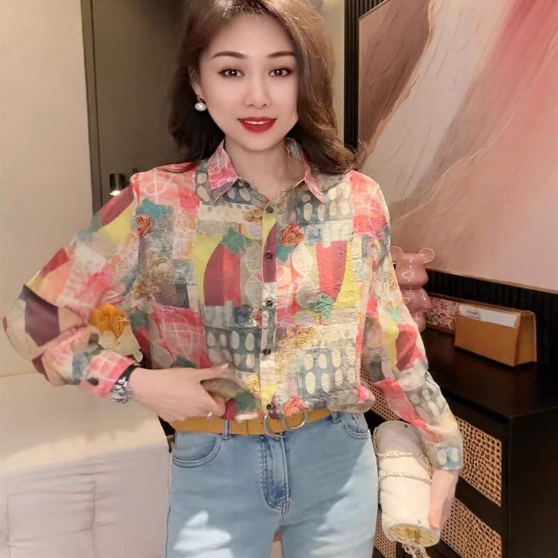 港风复古垂感雪纺花衬衫长袖女薄款2025夏季新款宽松显瘦休闲上衣