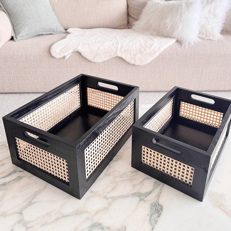 中古风黑色藤编收纳筐 家居书本整理箱桌面收纳盒 提手编织储物篮