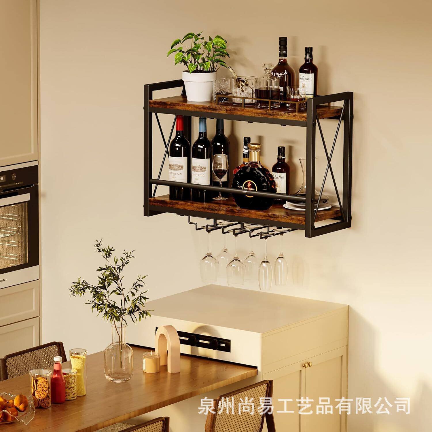 跨境铁艺壁挂式红酒架酒杯倒挂架现厨房餐厅层板收纳整理置物架