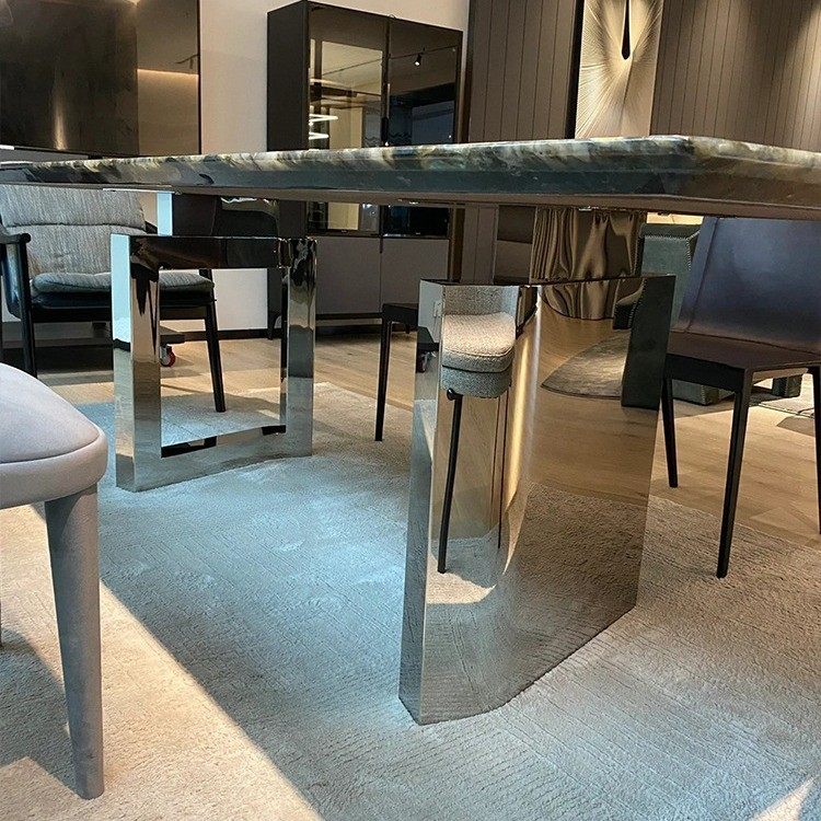 蓝翡翠奢石餐桌蓝宝石天然大理石长方形高级轻奢餐厅天然奢石餐桌