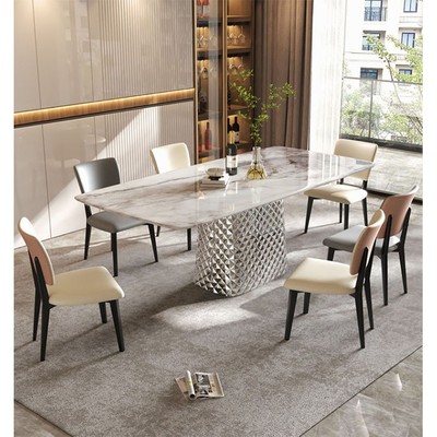 天然大理石餐桌椅组合轻奢别墅高端奢石彩晶石长方形餐桌家用饭桌