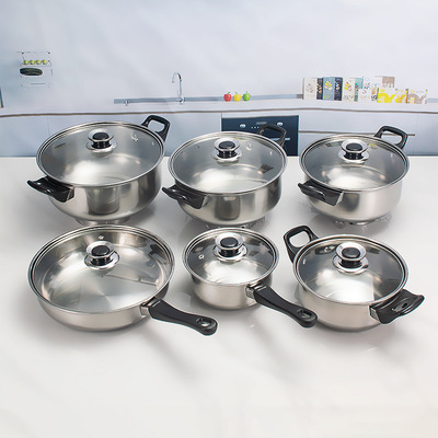 跨境不锈钢厨具锅具套装套件cooking pot12件套cookware套组