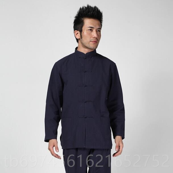 新款中男国风全棉装唐装男长袖衬衣上衣汉服服中式打居士中老年春