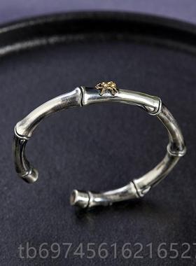 新款9足99纯银手风镯男中国古做旧实心知常乐平安复竹情侣开口银