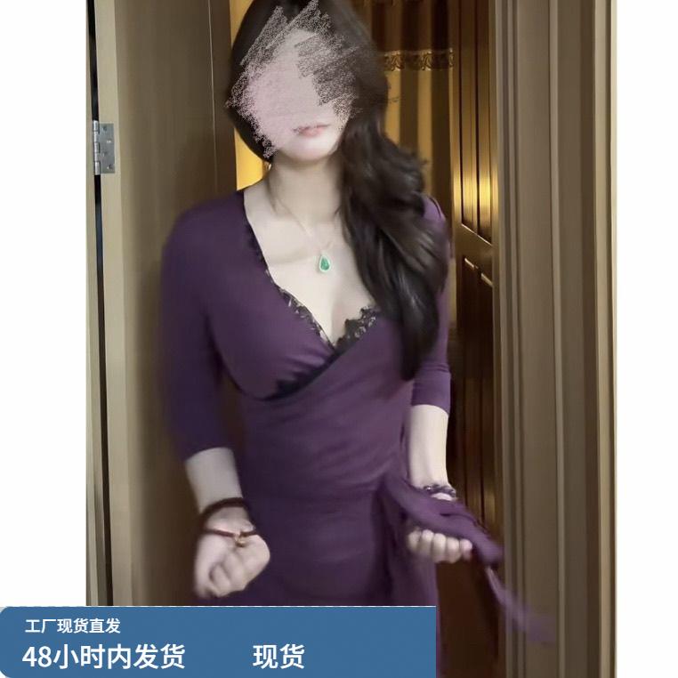 2025新款300斤大码微胖mm御姐春秋款性感蕾丝长袖连衣裙收腰紫色