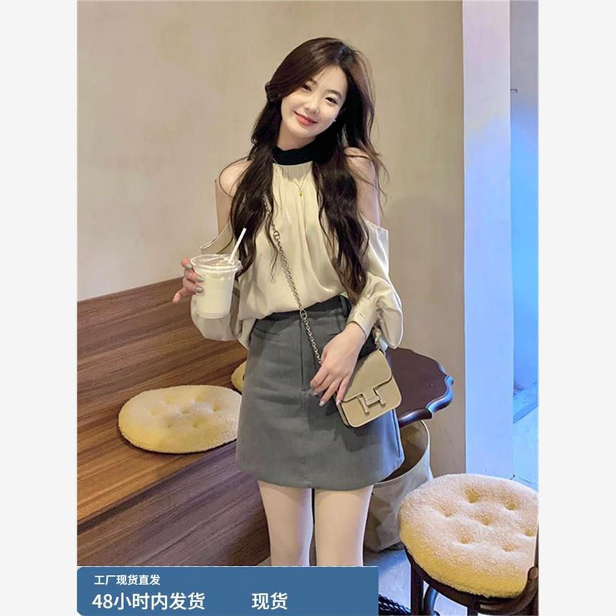 2025新款大码胖mm高级感搭配一整套夏季新款露肩衬衫上衣a字半身