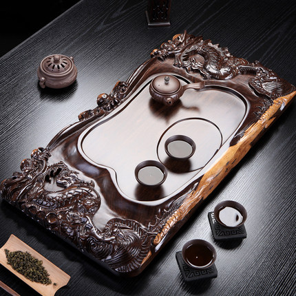 功夫茶具长方形黑檀木茶盘家用排水大号茶海立体精雕整块实木茶托