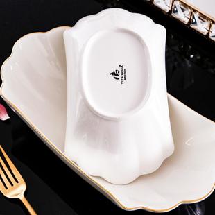 菜盘陶瓷深鱼盘家用轻奢长条盘沙拉 金边骨瓷深盘船形蒸鱼盘子新款