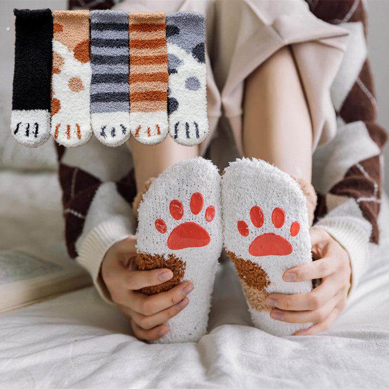 冬季猫爪珊瑚绒睡眠袜女保暖中筒地板袜点胶亲子宝宝儿童袜子