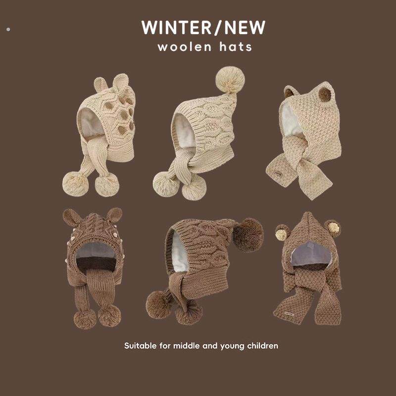儿童针织帽子围巾一体秋冬防寒保暖加绒护耳帽男童女童毛线帽新款