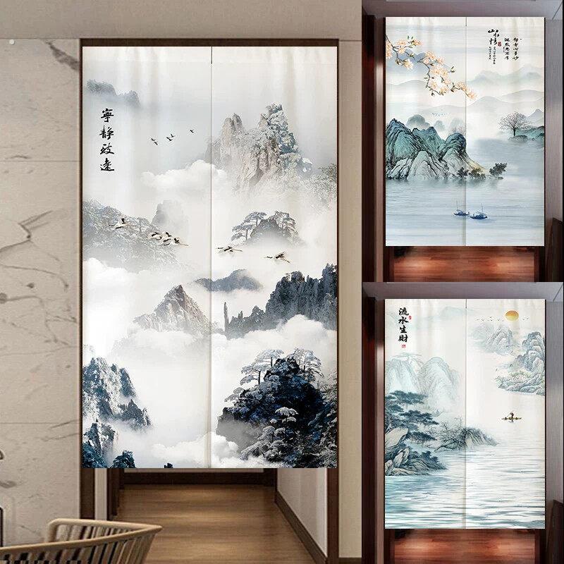 中式风格山水画门帘适用于玄关隔断寝室用布艺半截挂帘卫生间遮挡