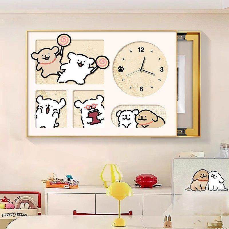 线条小狗带钟表电表箱装饰画卡通时钟电源总开关挂画弱电闸壁画