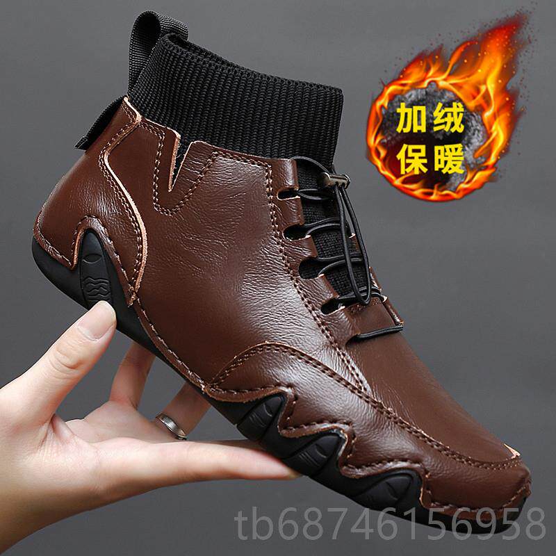 新款马靴男中男帮季加绒保暖棉鞋2024新款休闲皮丁鞋高帮士豆豆冬