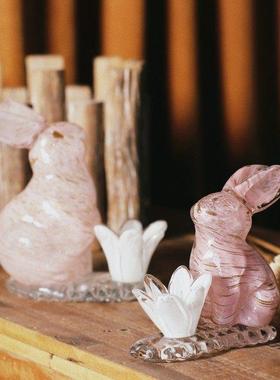 洒金少女粉色月宫玉兔子纯手工琉璃摆件拍照摄影道具镇纸节日礼物