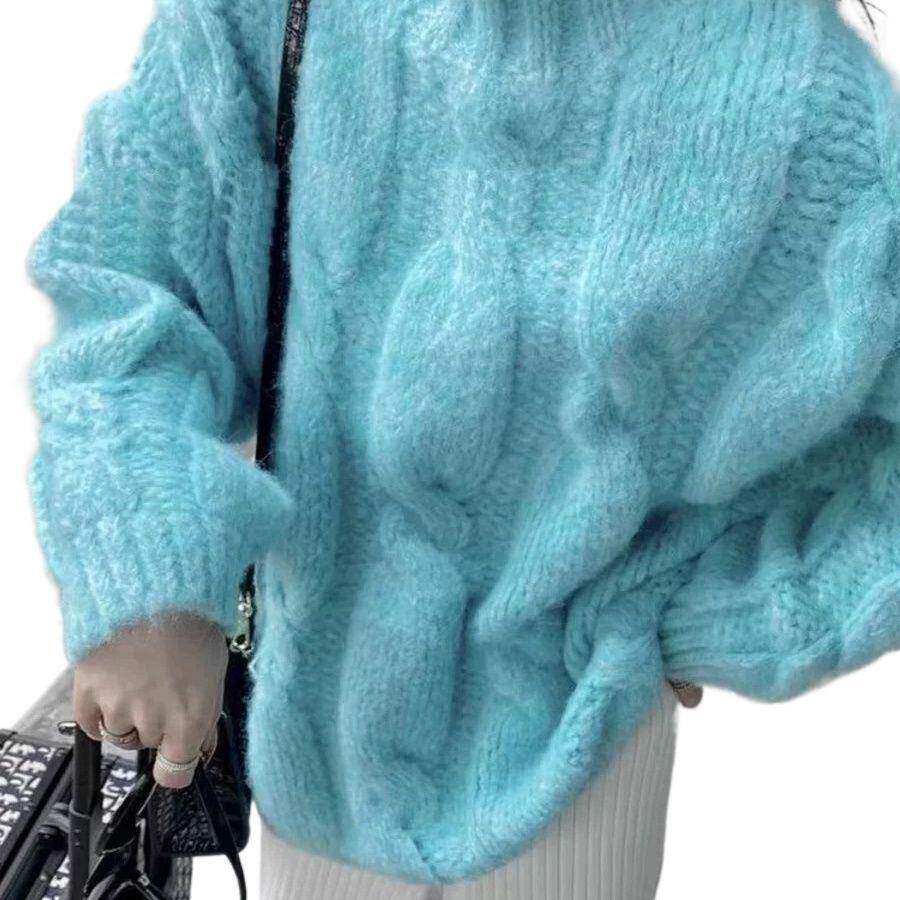 秋春复古日系慵懒克莱因蓝麻花粗麻线半高领软糯中长款针织毛衣女