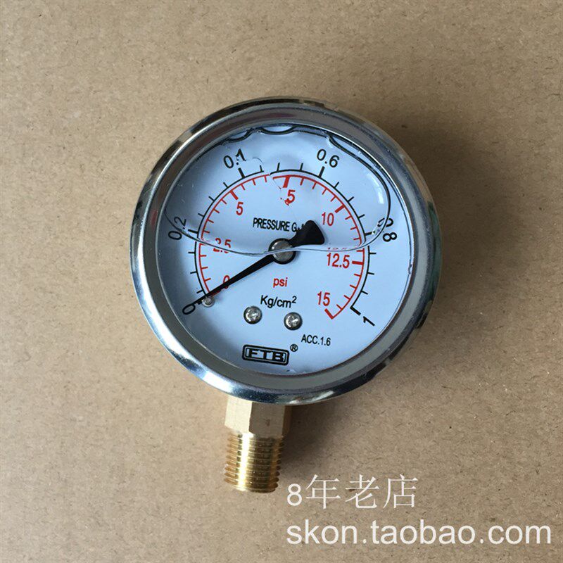 压力表FTB径向0-1KG耐震压力计15psi油压表1/4PT牙直立径向充油式