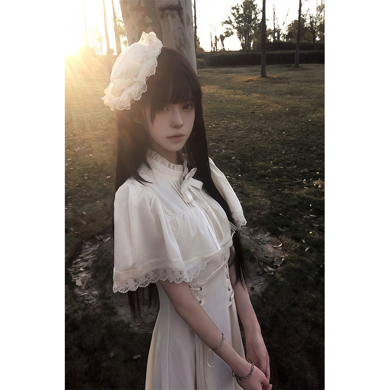 白色哥特风长裙Lolita宫廷风短袖收腰斗篷连衣裙女2025年夏季新款